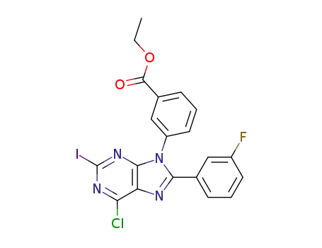 Molecular Structure of 391249-22-2 (Benzoic acid, 3-[6-chloro-8-(3-fluorophenyl)-2-iodo-9H-purin-9-yl]-, ethyl
ester)