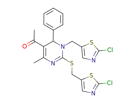 Molecular Structure of 1029433-40-6 (1-[1-(2-chlorothiazol-5-yl-methyl)-2-(2-chlorothiazol-5-yl-methylsulfanyl)-4-methyl-6-phenyl-1,6-dihydropyrimidin-5-yl]ethanone)