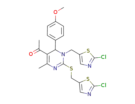 Molecular Structure of 1133378-45-6 (1-[1-(2-chlorothiazol-5-yl-methyl)-2-(2-chlorothiazol-5-yl-methylsulfanyl)-6-(4-methoxyphenyl)-4-methyl-1,6-dihydropyrimidin-5-yl]ethanone)