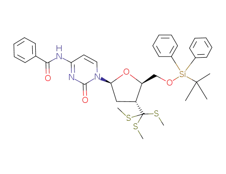 N-benzoyl-1-[5'-O-tert-butyldiphenylsilyl-2',3'-dideoxy-3'-C-tris(methylthio)methyl-β-L-erythro-pentofuranosyl]cytosine