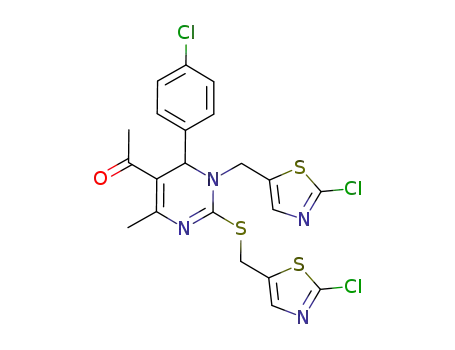 Molecular Structure of 1133378-43-4 (1-[6-(4-chlorophenyl)-1-(2-chlorothiazol-5-yl-methyl)-2-(2-chlorothiazol-5-yl-methylsulfanyl)-4-methyl-1,6-dihydropyrimidin-5-yl]ethanone)
