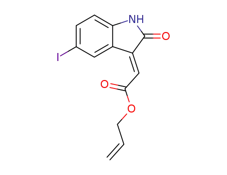Molecular Structure of 825647-72-1 (Acetic acid, (1,2-dihydro-5-iodo-2-oxo-3H-indol-3-ylidene)-, 2-propenyl
ester, (2E)-)
