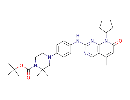 Molecular Structure of 850628-95-4 (1-Piperazinecarboxylic acid,
4-[4-[(8-cyclopentyl-7,8-dihydro-5-methyl-7-oxopyrido[2,3-d]pyrimidin-2-
yl)amino]phenyl]-2,2-dimethyl-, 1,1-dimethylethyl ester)