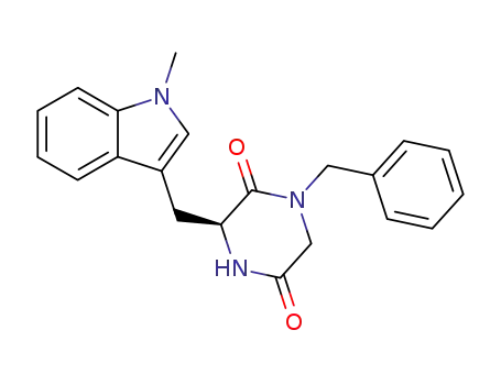 Molecular Structure of 561303-28-4 (2,5-Piperazinedione,
3-[(1-methyl-1H-indol-3-yl)methyl]-1-(phenylmethyl)-, (3S)-)