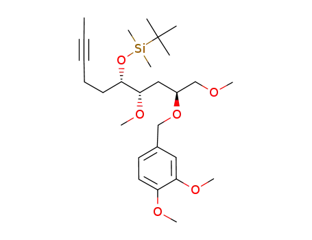 Molecular Structure of 647015-32-5 (Silane,
[[(1S)-1-[(1S,3S)-3-[(3,4-dimethoxyphenyl)methoxy]-1,4-dimethoxybutyl]
-4-hexynyl]oxy](1,1-dimethylethyl)dimethyl-)