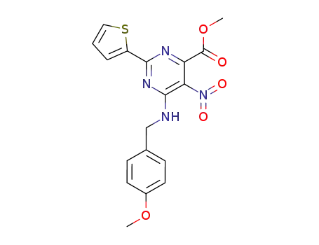 Molecular Structure of 849703-65-7 (6-(4-methoxy-benzylamino)-5-nitro-2-thiophen-2-yl-pyrimidine-4-carboxylic acid methyl ester)