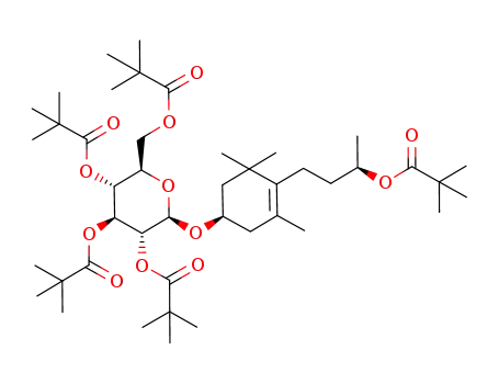 Molecular Structure of 649723-21-7 (2,2-Dimethyl-propionic acid (2R,3R,4S,5R,6R)-3,5-bis-(2,2-dimethyl-propionyloxy)-2-{(R)-4-[(R)-3-(2,2-dimethyl-propionyloxy)-butyl]-3,5,5-trimethyl-cyclohex-3-enyloxy}-6-(2,2-dimethyl-propionyloxymethyl)-tetrahydro-pyran-4-yl ester)