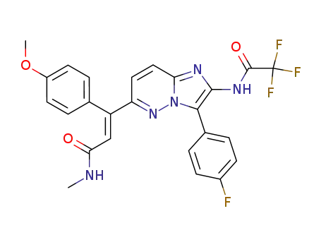 Molecular Structure of 591734-33-7 (2-Propenamide,
3-[3-(4-fluorophenyl)-2-[(trifluoroacetyl)amino]imidazo[1,2-b]pyridazin-6-
yl]-3-(4-methoxyphenyl)-N-methyl-, (2E)-)