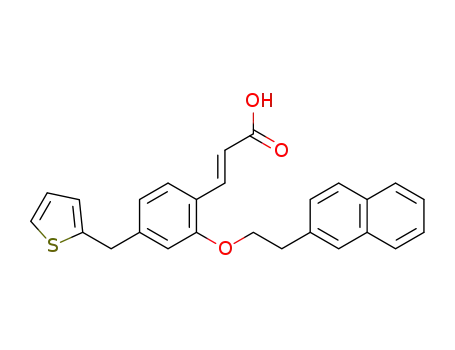Molecular Structure of 499143-79-2 (2-Propenoic acid,
3-[2-[2-(2-naphthalenyl)ethoxy]-4-(2-thienylmethyl)phenyl]-, (2E)-)