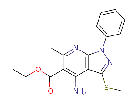 Molecular Structure of 503269-27-0 (ethyl 4-amino-6-methyl-3-(methylsulfanyl)-1-phenyl-1H-pyrazolo[3,4-b]pyridine-5-carboxylate)