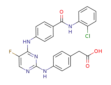 Molecular Structure of 1158838-42-6 (2-(4-(4-(4-(2-chlorophenylcarbaMoyl)phenylaMino)-5-fluoropyriMidin-2-ylaMino)phenyl)acetic acid)