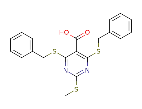 Molecular Structure of 883872-01-3 (5-Pyrimidinecarboxylic acid, 2-(methylthio)-4,6-bis[(phenylmethyl)thio]-)