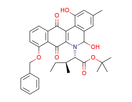 Molecular Structure of 1262052-82-3 (tert-butyl (2S,3S)-2-(8-(benzyloxy)-1,5-dihydroxy-3-methyl-7,12-dioxobenzo[b]phenanthridin-6(5H,7H,12H)-yl)-3-methylpentanoate)