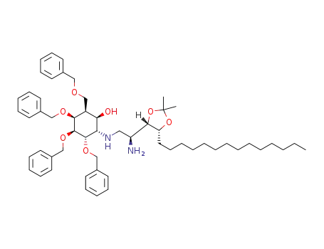 Molecular Structure of 1319731-16-2 ((1R,2S,3S,4S,5S,6S)-2-((S)-2-amino-2-((4S,5R)-2,2-dimethyl-5-tetradecyl-1,3-dioxolan-4-yl)ethylamino)-3,4,5-tris(benzyloxy)-6-(benzyloxymethyl)cyclohexanol)