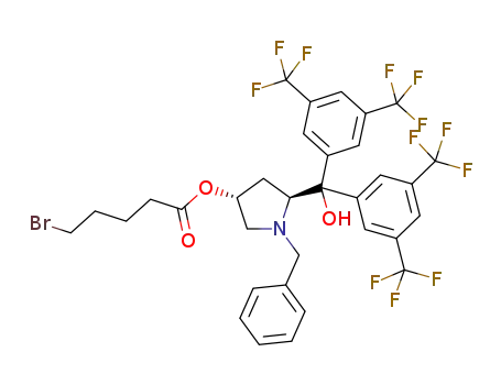 Molecular Structure of 1262967-64-5 ({(3R,5S)-1-benzyl-5-[bis(3,5-bis(trifluoromethyl)phenyl)(hydroxy)methyl]pyrrolidin-3-yl} 5-bromopentanoate)