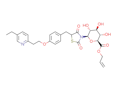 Molecular Structure of 1296832-72-8 (3-((2R,3R,4S,5S,6S)-6-allyloxycarbonyl-3,4,5-trihydroxy-tetrahydropyran-2-yl)-5-{4-[2-(5-ethyl-2-pyridinyl)ethoxy]benzyl}-thiazolidine-2,4-dione)
