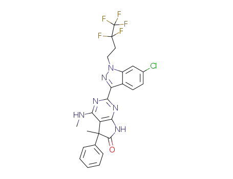 Molecular Structure of 1350854-36-2 (2-[6-chloro-1-(3,3,4,4,4-pentafluorobutyl)-1H-indazol-3-yl]-5-methyl-4-(methylamino)-5-phenyl-5,7-dihydro-6H-pyrrolo[2,3-d]pyrimidin-6-one)
