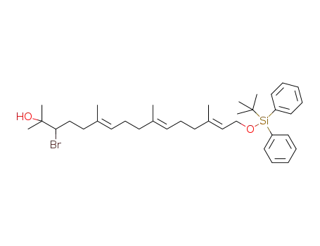Molecular Structure of 1355640-88-8 ((2E,6E,10E)-1-tert-butyldiphenylsiloxy-14-bromo-15-hydroxy-3,7,11,15-tetramethylhexadeca-2,6,10-triene)