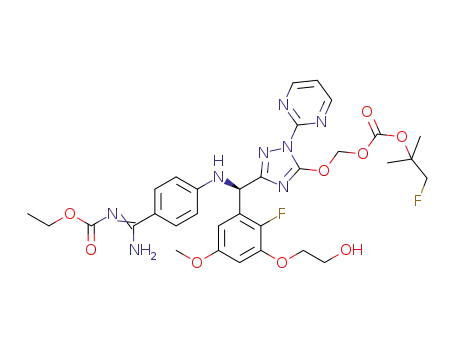 Molecular Structure of 1350551-80-2 (carbonic acid 5-{(R)-(4-{amino[2-ethoxycarbonylimino]methyl}phenylamino)-[2-fluoro-3-(2-hydroxyethoxy)-5-methoxyphenyl]methyl}-2-pyrimidin-2-yl-2H-[1,2,4]triazol-3-yloxymethyl ester2-fluoro-1,l-dimethylethyl ester)