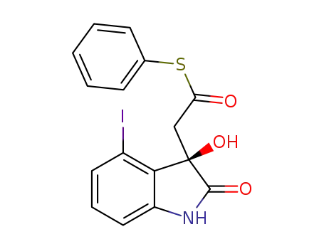 Molecular Structure of 1351337-18-2 ((R)-S-phenyl 2-(3-hydroxy-4-iodo-2-oxoindolin-3-yl)ethanethioate)