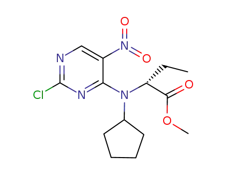 Molecular Structure of 755039-53-3 (BUTANOIC ACID, 2-[(2-CHLORO-5-NITRO-4-PYRIMIDINYL)CYCLOPENTYLAMINO]-, METHYL ESTER, (2R)-)