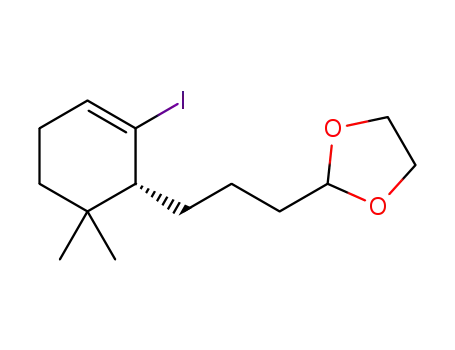 Molecular Structure of 1321556-48-2 ((R)-2-(3-(2-iodo-6,6-dimethylcyclohex-2-en-1-yl)propyl)-1,3-dioxolane)
