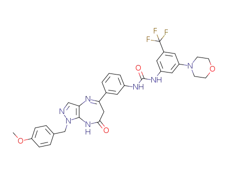 Molecular Structure of 1346441-20-0 (1-(3-(1-(4-methoxybenzyl)-7-oxo-1,6,7,8-tetrahydropyrazolo[3,4-b][1,4]diazepin-5-yl)phenyl)-3-(3-morpholino-5-(trifluoromethyl)phenyl)urea)