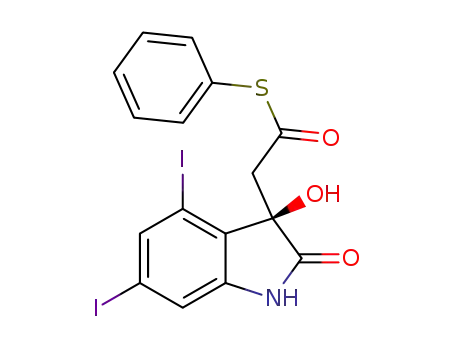 Molecular Structure of 1351337-17-1 ((R)-S-phenyl 2-(3-hydroxy-4,6-diiodo-2-oxoindolin-3-yl)ethanethioate)