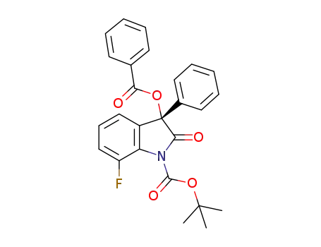 Molecular Structure of 1271489-30-5 (tert-butyl (S)-3-(benzoyloxy)-7-fluoro-2-oxo-3-phenylindoline-1-carboxylate)