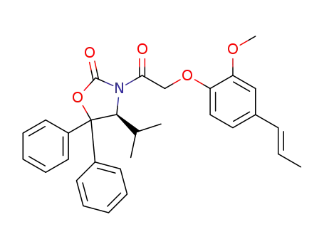 Molecular Structure of 1395081-58-9 ((S,E)-4-isopropyl-3-(2-(2-methoxy-4-(prop-1-enyl)phenoxy)acetyl)-5,5-diphenyloxazolidin-2-one)