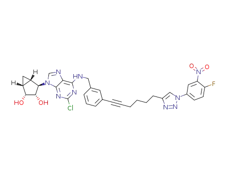 Molecular Structure of 1309943-90-5 ((1R,2R,3S,4R,5S)-4-(2-chloro-6-(3-(6-(1-(4-fluoro-3-nitrophenyl)-1H-1,2,3-triazol-4-yl)hex-1-ynyl)benzylamino)-9H-purin-9-yl)bicyclo[3.1.0]hexane-2,3-diol)