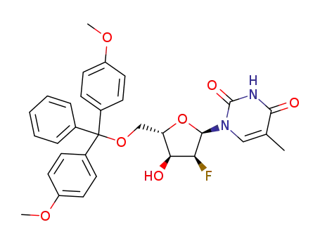 Molecular Structure of 133324-02-4 (2'-Deoxy-2'-fluoro-5'-O-(4,4'-dimethoxytrityl)-5-methyluridine)