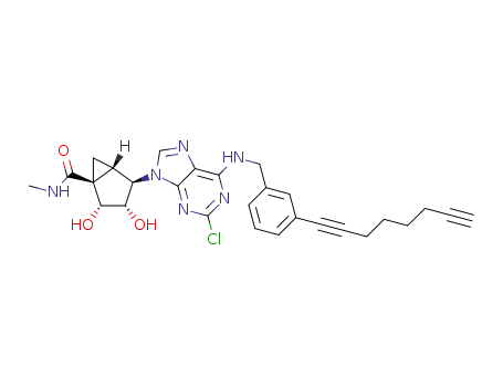 Molecular Structure of 1309944-05-5 ((1S,2R,3S,4R,5S)-4-[2-chloro-6-(3-(octa-1,7-diynyl)phenylmethylamino)-9H-purin-9-yl]-2,3-dihydroxybicyclo[3.1.0]hexane-1-carboxylic acid N-methylamide)