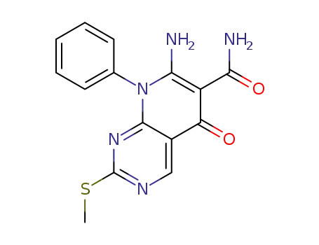Molecular Structure of 1315513-46-2 (7-Amino-2-methylsulfanyl-5-oxo-8-phenyl-5,8-dihydropyrido[2,3-d]pyrimidine-6-carboxamide)