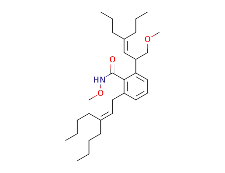 Molecular Structure of 1380546-89-3 (2-(3-butylhept-2-enyl)-N-methoxy-6-(1-methoxy-4-propylhept-3-en-2-yl)benzamide)