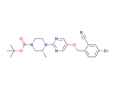 Molecular Structure of 1379522-59-4 ((R)-tert-butyl 4-(5-(4-bromo-2-cyanobenzyloxy)pyrimidin-2-yl)-3-methylpiperazine-1-carboxylate)