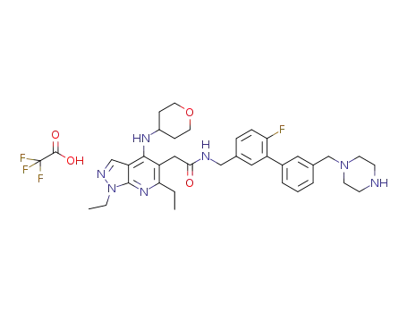 Molecular Structure of 1179344-34-3 (2-[1,6-diethyl-4-(tetrahydro-2H-pyran-4-ylamino)-1H-pyrazolo[3,4-b]pyridin-5-yl]-N-[(6-fluoro-3'-{[1-piperazinyl]methyl}-3-biphenylyl)methyl]acetamide trifluoroacetate)