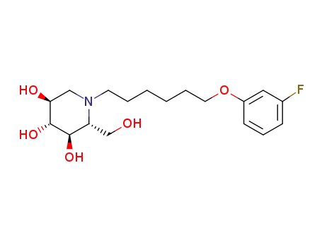 Molecular Structure of 1383152-24-6 ((2R,3R,4R,5S)-1-(6-(3-fluorophenoxy)hexyl)-2-(hydroxymethyl)piperidine-3,4,5-triol)