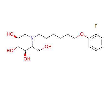 Molecular Structure of 1383152-21-3 ((2R,3R,4R,5S)-1-(6-(2-fluorophenoxy)hexyl)-2-(hydroxymethyl)piperidine-3,4,5-triol)