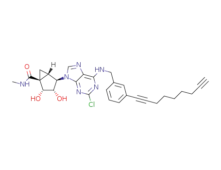 Molecular Structure of 1309943-74-5 ((1S,2R,3S,4R,5S)-4-[2-chloro-6-(3-(nona-1,8-diynyl)phenylmethylamino)-9H-purin-9-yl]-2,3-dihydroxybicyclo[3.1.0]hexane-1-carboxylic acid N-methylamide)