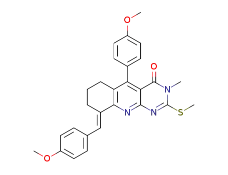 (E)-9-(4-methoxybenzylidene)-5-(4-methoxyphenyl)-3-methyl-2-(methylthio)-6,7,8,9-tetrahydropyrimido[4,5-b]quinolin-4(3H)-one