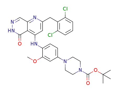 Molecular Structure of 1390657-45-0 (tert-butyl 4-(4-((2-(2,6-dichlorobenzyl)-5-oxo-5,6-dihydropyrido[2,3-d]pyridazin-4-yl)amino)-3-methoxyphenyl)piperazine-1-carboxylate)