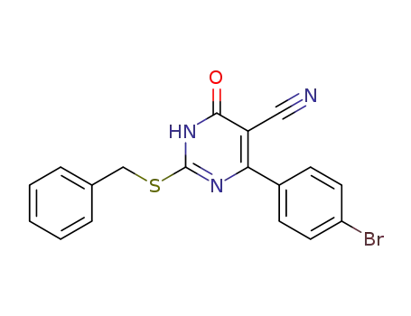 Molecular Structure of 1220710-03-1 (2-(benzylthio)-4-(4-bromophenyl)-6-oxo-1,6-dihydropyrimidine-5-carbonitrile)