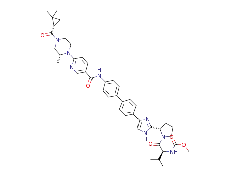 Molecular Structure of 1374882-92-4 ([(S)-1-((S)-2-{4-[4'-({6-[(R)-4-((S)-2,2-Dimethyl-cyclopropane-carbonyl)-2-methyl-piperazin-1-yl]-pyridine-3-carbonyl}-amino)-biphenyl-4-yl]-1H-imidazol-2-yl}-pyrrolidine-1-carbonyl)-2-methyl-propyl]-carbamic acid methyl ester)