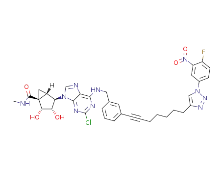 Molecular Structure of 1309943-77-8 ((1S,2R,3S,4R,5S)-4-[2-chloro-6-(3-(7-(1-(4-fluoro-3-nitrophenyl)-1H-1,2,3-triazol-4-yl)hept-1-ynyl)benzylamino)-9H-purin-9-yl]-2,3-dihydroxybicyclo[3.1.0]hexane-1-carboxylic acid N-methylamide)