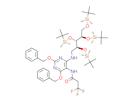 Molecular Structure of 1389329-08-1 (N-(2,4-bis(benzyloxy)-6-((2S,3S,4R)-2,3,4,5-tetrakis(tert-butyldimethylsilyloxy)pentylamino)pyrimidin-5-yl)-3,3,3-trifluoropropanamide)