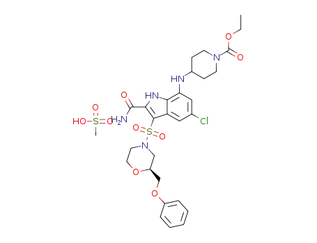 (S)-ethyl 4-((2-carbamoyl-5-chloro-3-((2-(phenoxymethyl)morpholino)sulfonyl)-1H-indol-7-yl)amino)piperidine-1-carboxylate methanesulfonic acid