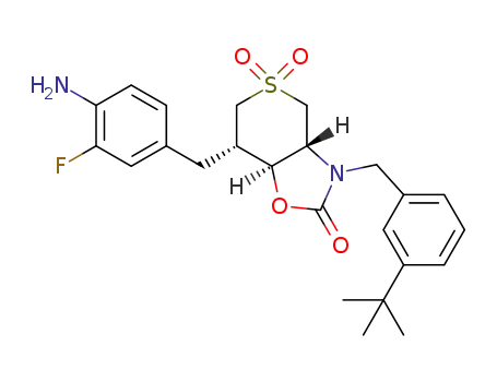 Molecular Structure of 1204343-70-3 ((3aR,7S,7aS)-7-(4-amino-3-fluorobenzyl)-3-(3-(tert-butyl)benzyl)hexahydro-2H-thiopyrano[3,4-d]oxazol-2-one 5,5-dioxide)