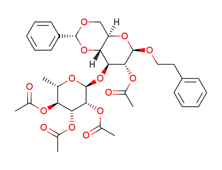 2-phenylethyl (2,3,4-tri-O-acetyl-α-L-rhamnopyranosyl)-(1→3)-2-O-acetyl-4,6-O-benzylidene-β-D-glucopyranoside