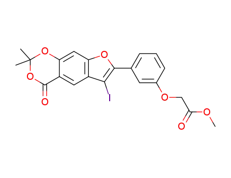Molecular Structure of 1441379-82-3 (methyl 2-(3-(6-iodo-2,2-dimethyl-4-oxo-4H-[1,3]dioxino[5,4-f ]-benzofuran-7-yl)phenoxy)acetate)